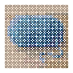 counted cross-stitch chart preview of a skein of blue wool yarn with its loose end curled beside it with a simplified color palette.