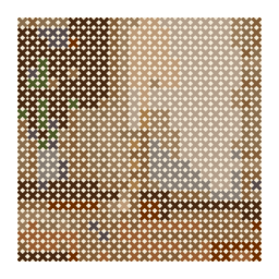 counted cross-stitch chart preview of a brass holder with one lit ivory candle with a simplified color palette.