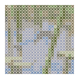 counted cross-stitch chart preview of a blue dragonfly resting side-on on a green reed with a simplified color palette.