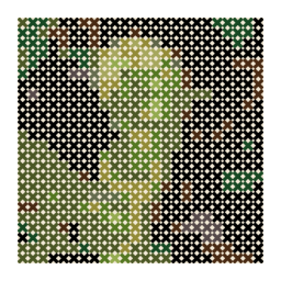 counted cross-stitch chart preview of a single unfurling fern frond with fine leaflets with a simplified color palette.