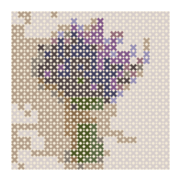 counted cross-stitch chart preview of purple lavender sprigs tied with natural twine with a simplified color palette.