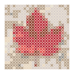 counted cross-stitch chart preview of a vivid red maple leaf with its veins visible with a simplified color palette.