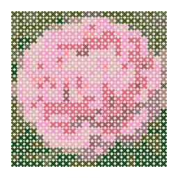 counted cross-stitch chart preview of a fully opened soft-pink peony flower with a simplified color palette.