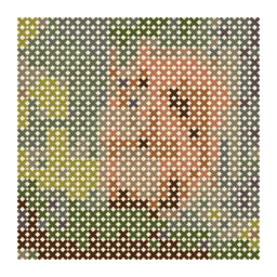 counted cross-stitch chart preview of a red squirrel perched on a mossy branch holding an acorn with a simplified color palette.