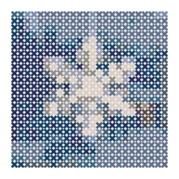 counted cross-stitch chart preview of a handmade white snowflake ornament against a blue window with a simplified color palette.