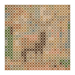 counted cross-stitch chart preview of a red deer stag standing in an autumn forest with a simplified color palette.