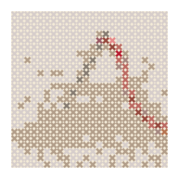 counted cross-stitch chart preview of a steel sewing needle threaded with red cotton on neutral cloth with a simplified color palette.