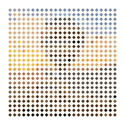 diamond-drill chart preview of a striped hot-air balloon above a patchwork valley at sunrise with a simplified color palette.