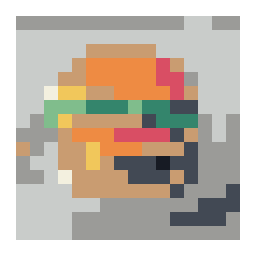 pixel-grid preview of a cheeseburger with lettuce and tomato on a neutral plate with a simplified color palette.