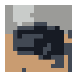 pixel-grid preview of a black 35mm film camera with a metal lens with a simplified color palette.