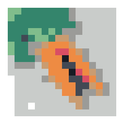 pixel-grid preview of two orange carrots with green tops and garden soil with a simplified color palette.