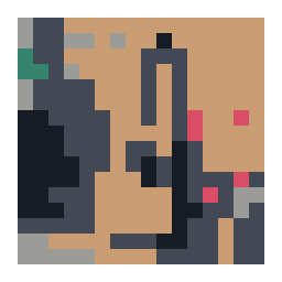 pixel-grid preview of a natural-wood acoustic guitar leaning against brick with a simplified color palette.