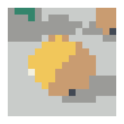 pixel-grid preview of a ripe yellow lemon on a stone kitchen counter with a simplified color palette.