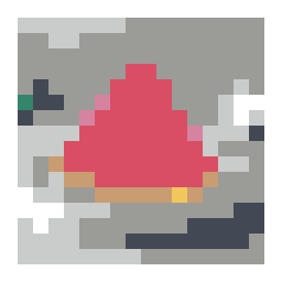 pixel-grid preview of a seeded watermelon wedge on a white plate with a simplified color palette.