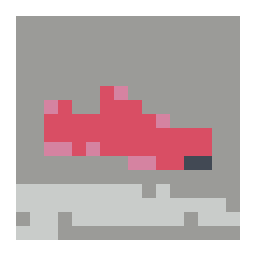 pixel-grid preview of a red running shoe against a concrete wall with a simplified color palette.