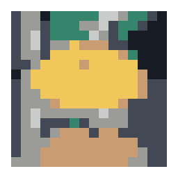 pixel-grid preview of a bright yellow open umbrella on a wet sidewalk with a simplified color palette.