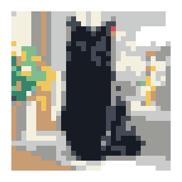 editable pixel-art conversion preview of a short-haired black cat sitting on a sunlit windowsill with a simplified color palette.