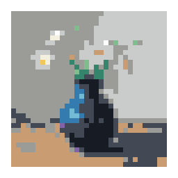 editable pixel-art conversion preview of a handmade blue vase holding white wildflowers with a simplified color palette.
