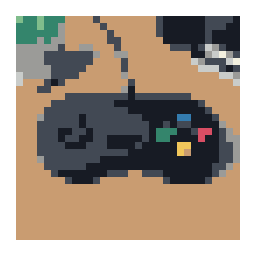 editable pixel-art conversion preview of a black game controller with colored buttons on a desk with a simplified color palette.