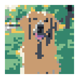 editable pixel-art conversion preview of a golden retriever outdoors in a green park with a simplified color palette.