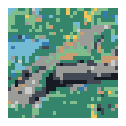 editable pixel-art conversion preview of a green iguana resting on a sunlit branch with a simplified color palette.