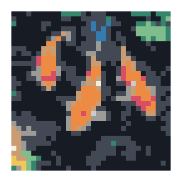 editable pixel-art conversion preview of orange and white koi swimming in a garden pond with a simplified color palette.