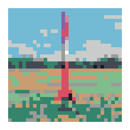 editable pixel-art conversion preview of a red and white model rocket upright in a grassy field with a simplified color palette.