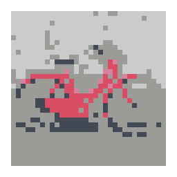 editable pixel-art conversion preview of a red bicycle leaning against a pale brick wall with a simplified color palette.