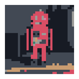 editable pixel-art conversion preview of a small red vintage tin robot toy on a wooden shelf with a simplified color palette.