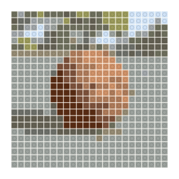 LEGO-style stud mosaic preview of an orange basketball resting on a court with a simplified color palette.