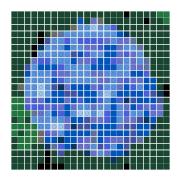 LEGO-style stud mosaic preview of a blue hydrangea flower head among green leaves with a simplified color palette.