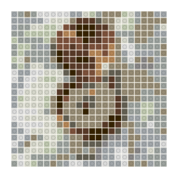 LEGO-style stud mosaic preview of an open brass pocket compass on a folded map with a simplified color palette.