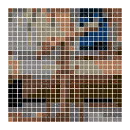 LEGO-style stud mosaic preview of an old brass telescope mounted on a tripod with a simplified color palette.