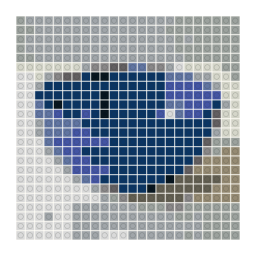 LEGO-style stud mosaic preview of a round cobalt-blue handmade ceramic bowl with a simplified color palette.