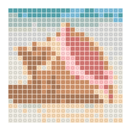 LEGO-style stud mosaic preview of a pink conch shell resting on pale sand with a simplified color palette.