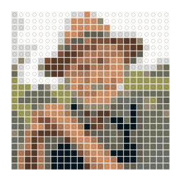 LEGO-style stud mosaic preview of an elderly gardener with a kind expression outdoors with a simplified color palette.