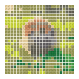 LEGO-style stud mosaic preview of a small hedgehog walking through green grass with a simplified color palette.