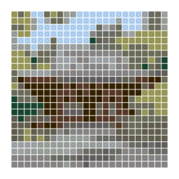 LEGO-style stud mosaic preview of a traditional timber temple with a broad tiled roof with a simplified color palette.