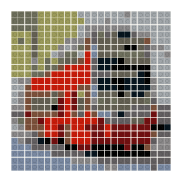LEGO-style stud mosaic preview of a red double-decker city bus on a London-style street with a simplified color palette.
