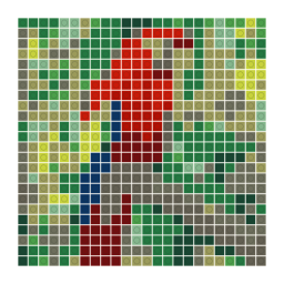 LEGO-style stud mosaic preview of a scarlet macaw perched on a branch with a simplified color palette.