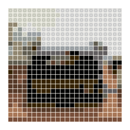 LEGO-style stud mosaic preview of a black vintage typewriter on a wooden desk with a simplified color palette.