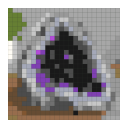 Minecraft block-grid preview preview of a cut-open purple amethyst geode with pointed crystals with a simplified color palette.