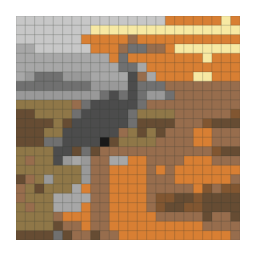 Minecraft block-grid preview preview of a blue heron standing in shallow marsh water with a simplified color palette.