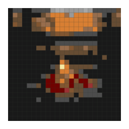 Minecraft block-grid preview preview of a small stone-ringed campfire at dusk with a simplified color palette.