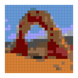Minecraft block-grid preview preview of a natural sandstone arch rising from a red desert canyon with a simplified color palette.