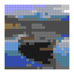Minecraft block-grid preview preview of a small weathered fishing boat moored on a still lake with a simplified color palette.