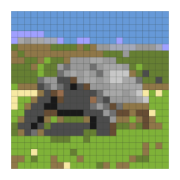 Minecraft block-grid preview preview of a giant tortoise walking through sunlit grass with a simplified color palette.