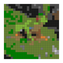 Minecraft block-grid preview preview of a bright green tree frog resting on a wet leaf with a simplified color palette.