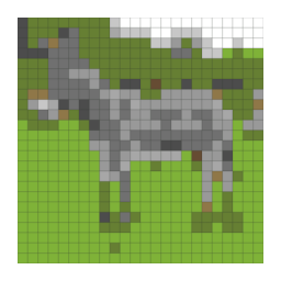 Minecraft block-grid preview preview of a gray donkey standing side-on in a grassy paddock with a simplified color palette.