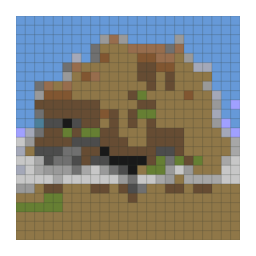 Minecraft block-grid preview preview of a broad oak tree in an open field in early autumn with a simplified color palette.